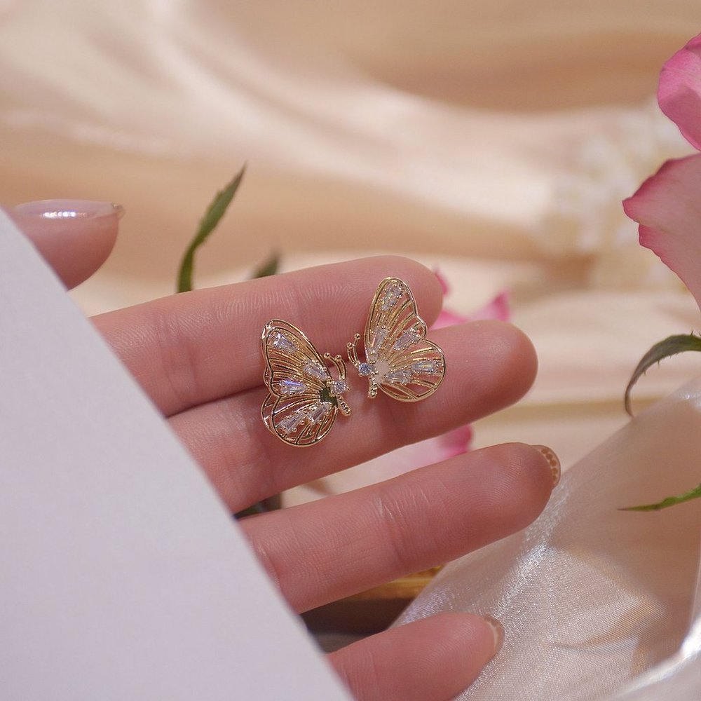 NEW 14K Gold Plated Diamond Butterfly Earrings - Picture 8 of 13